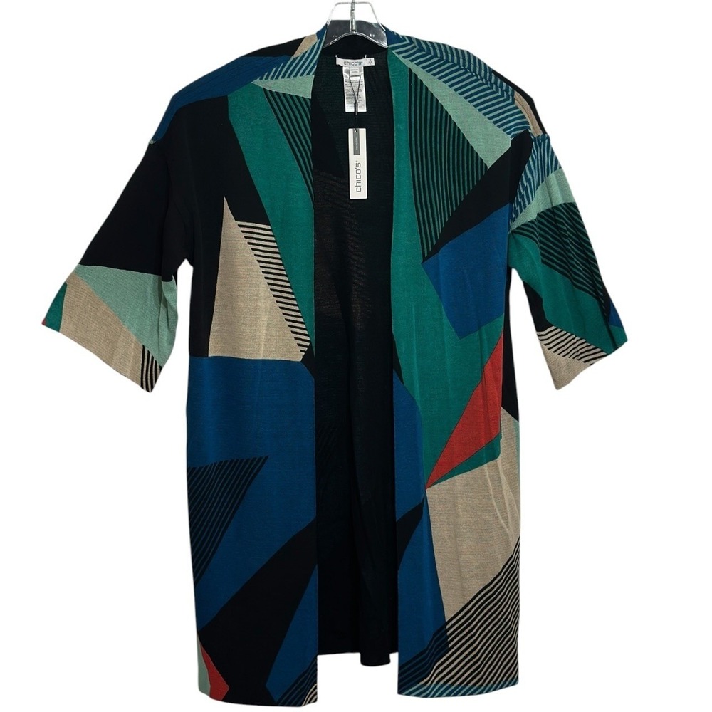 Chico's Travelers Kimono Cardigan Women Scandi Blue Abstract Geometric 2/ L